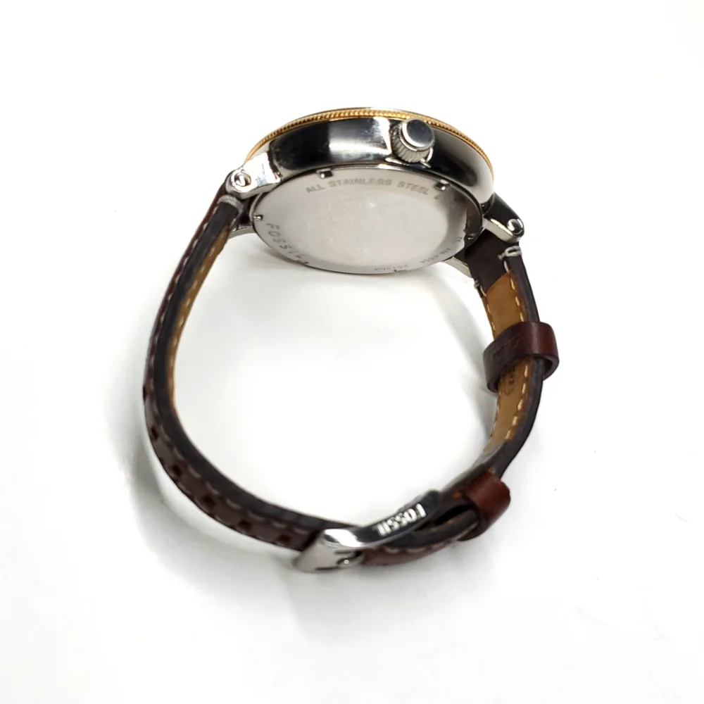 Fossil Watch AM-4304 Silver Gold Watch Brown Leather Band
